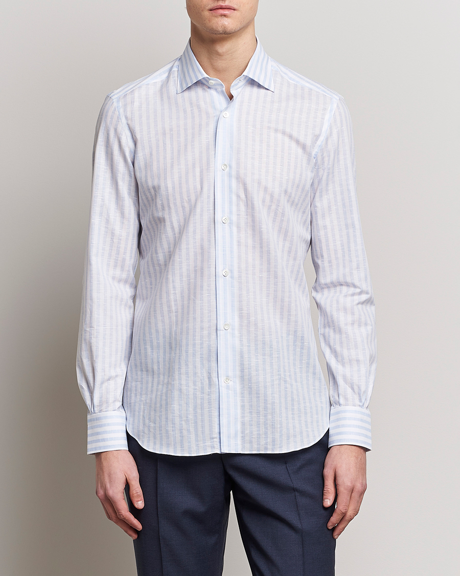 Men |  | Mazzarelli | Soft Cotton/Linen Shirt Light Blue Stripe