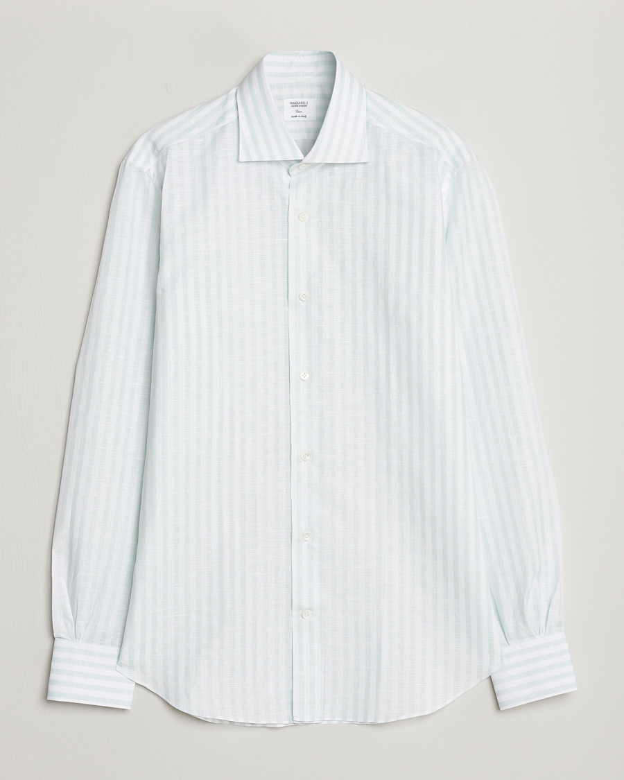 Men | Shirts | Mazzarelli | Soft Cotton/Linen Shirt Light Green Stripe