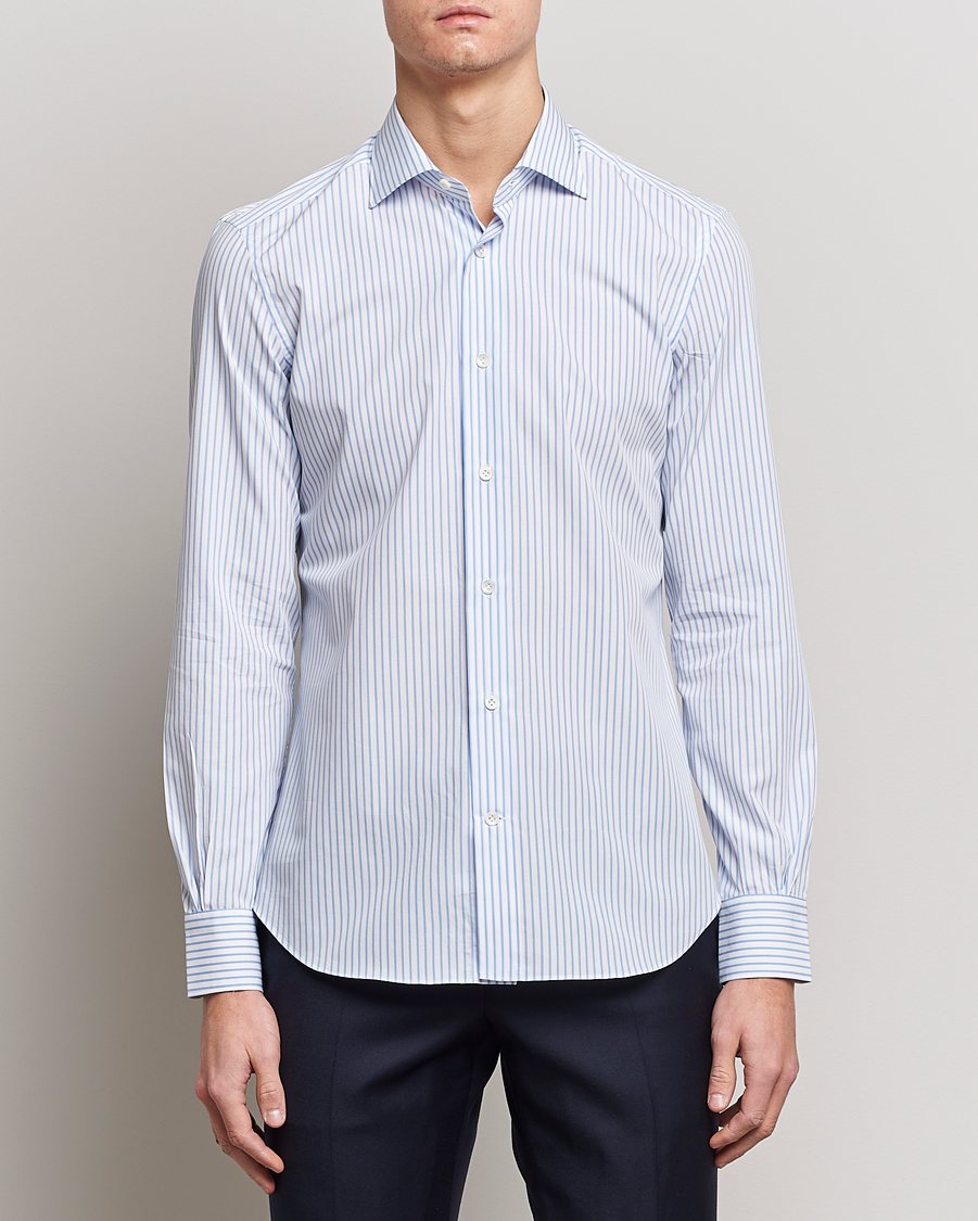 Men | Casual Shirts | Mazzarelli | Soft Cotton Cut Away Shirt Light Blue Stripe