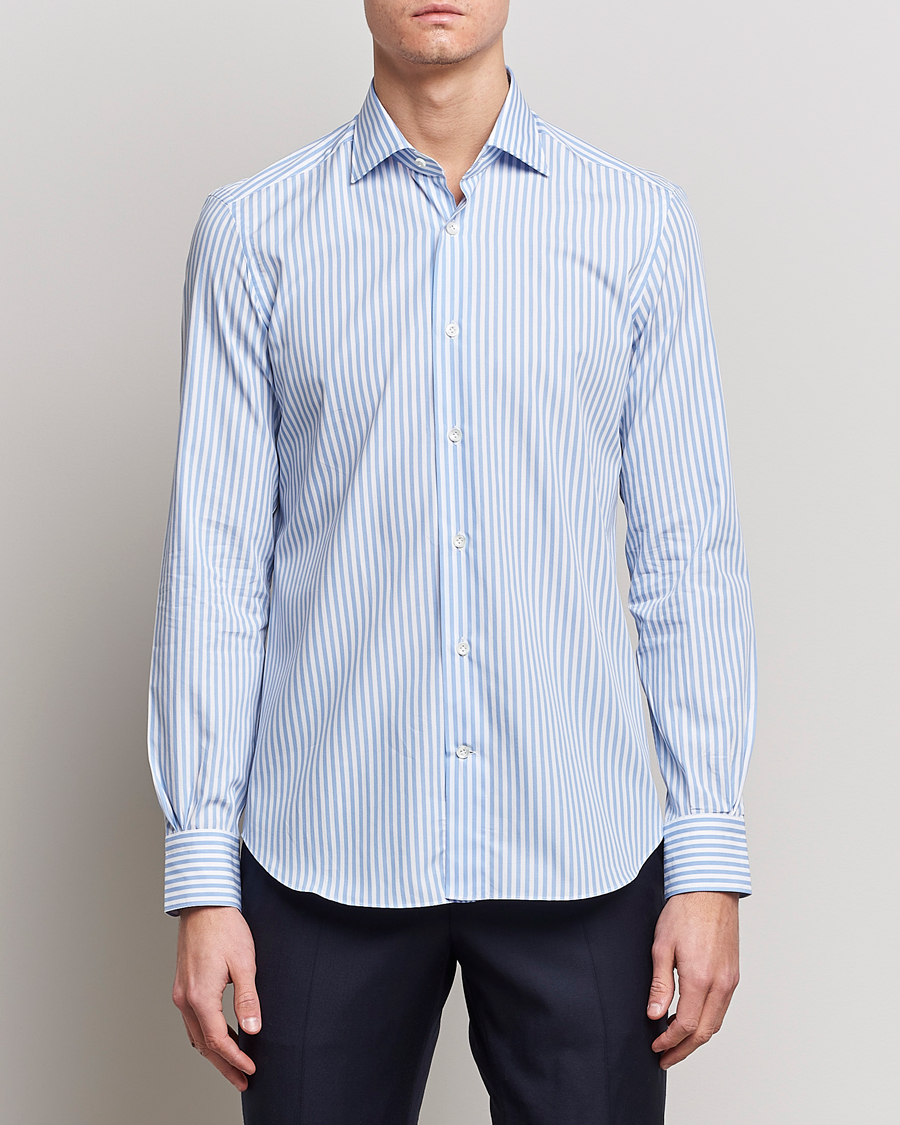 Men | Italian Department | Mazzarelli | Soft Cotton Cut Away Shirt Blue Stripe
