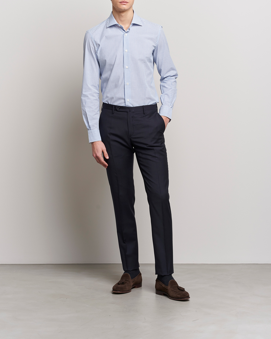 Men | Shirts | Mazzarelli | Soft Seersucker Shirt Light Blue Stripe