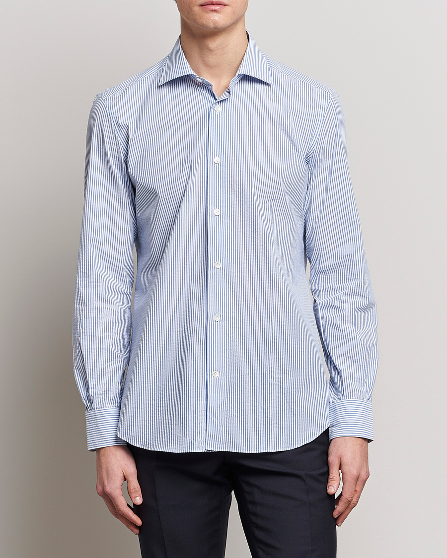 Men |  | Mazzarelli | Soft Seersucker Shirt Light Blue Stripe