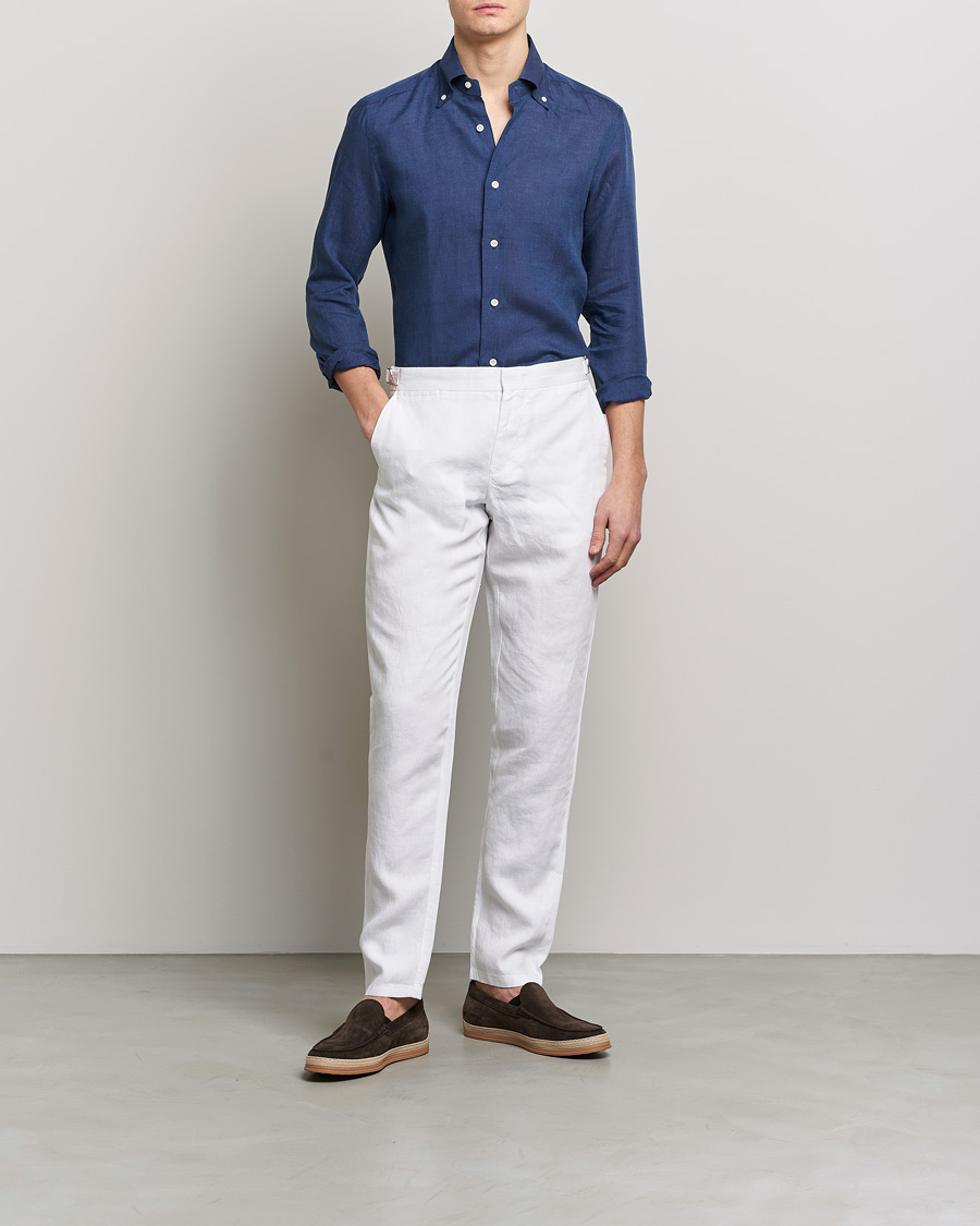 Men | Shirts | Mazzarelli | Soft Linen Button Down Shirt Navy