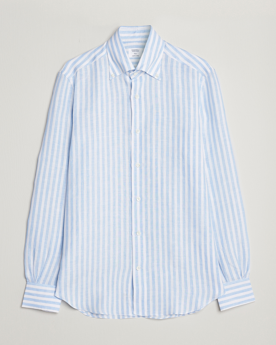 Men | Shirts | Mazzarelli | Soft Linen Button Down Shirt Light Blue Stripe