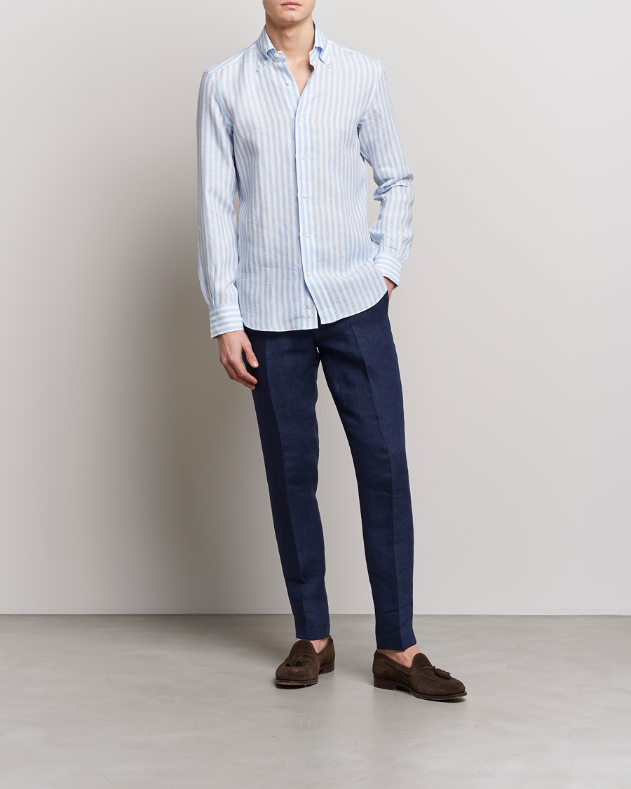 Men | Shirts | Mazzarelli | Soft Linen Button Down Shirt Light Blue Stripe
