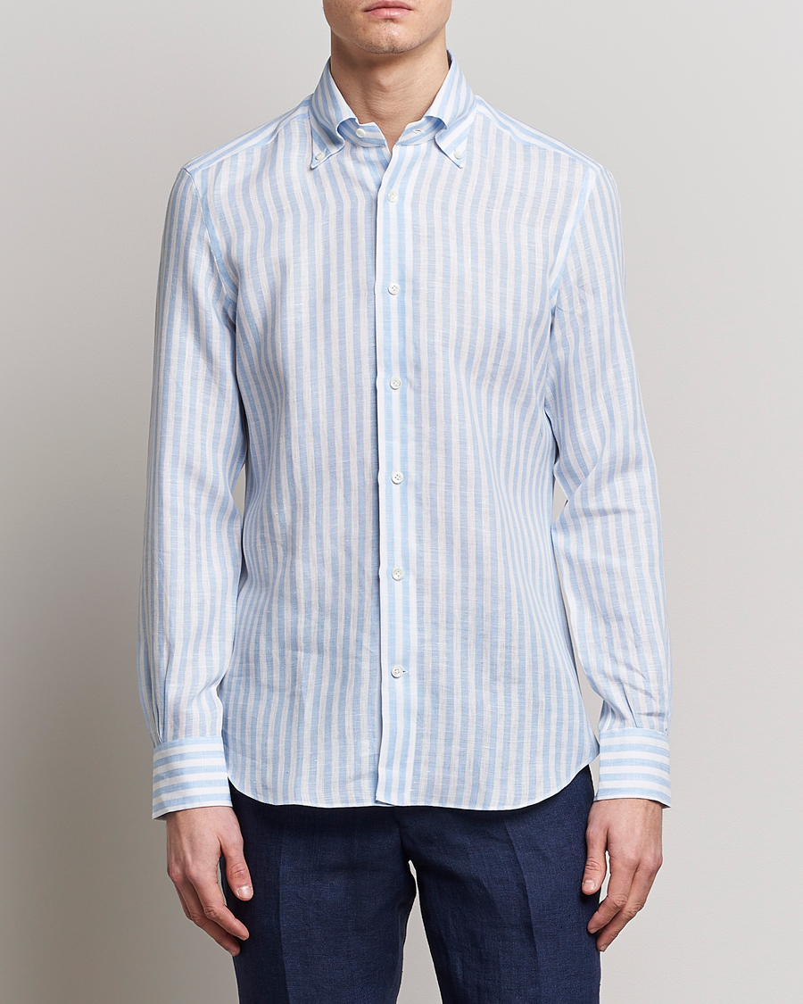 Men | Linen Shirts | Mazzarelli | Soft Linen Button Down Shirt Light Blue Stripe