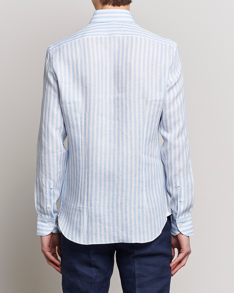 Men | Shirts | Mazzarelli | Soft Linen Button Down Shirt Light Blue Stripe