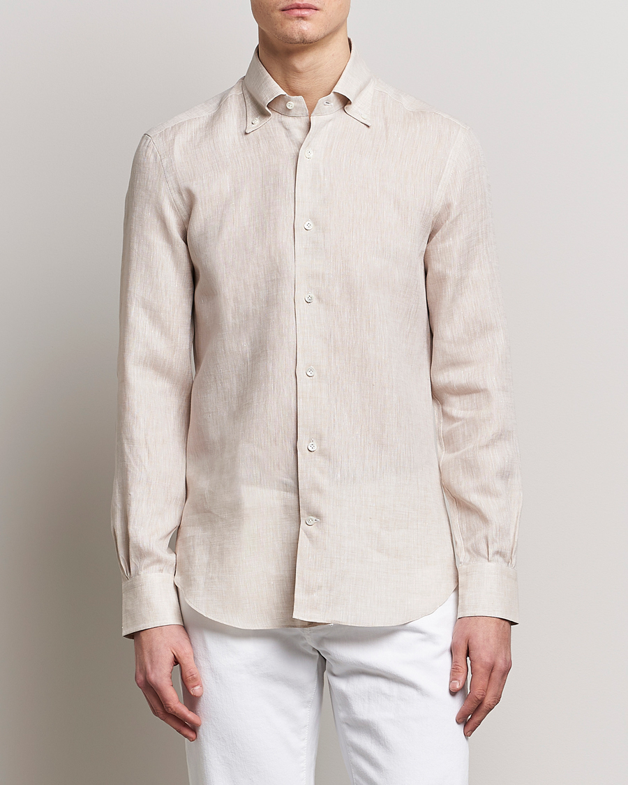 Men | Linen Shirts | Mazzarelli | Soft Linen Button Down Shirt Beige