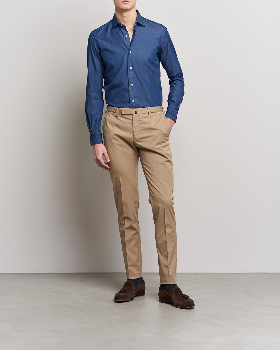 Men | Shirts | Mazzarelli | Soft Denim Cut Away Shirt Dark Indigo