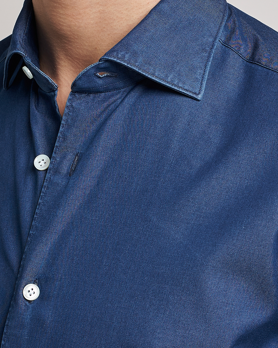Men | Shirts | Mazzarelli | Soft Denim Cut Away Shirt Dark Indigo