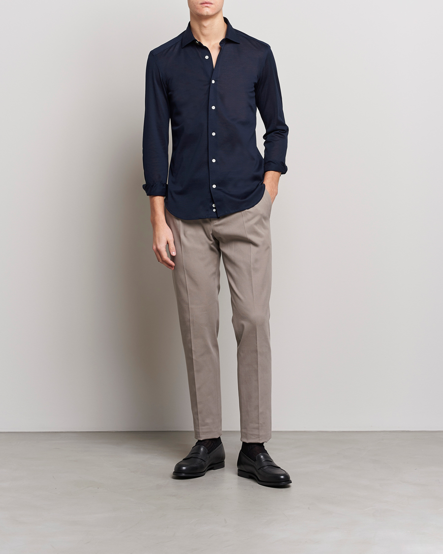 Men | Shirts | Mazzarelli | Soft Washed Piquet Shirt Navy