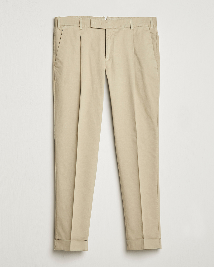 Men | Trousers | PT01 | Slim Fit Pleated Linen Blend Trousers Beige