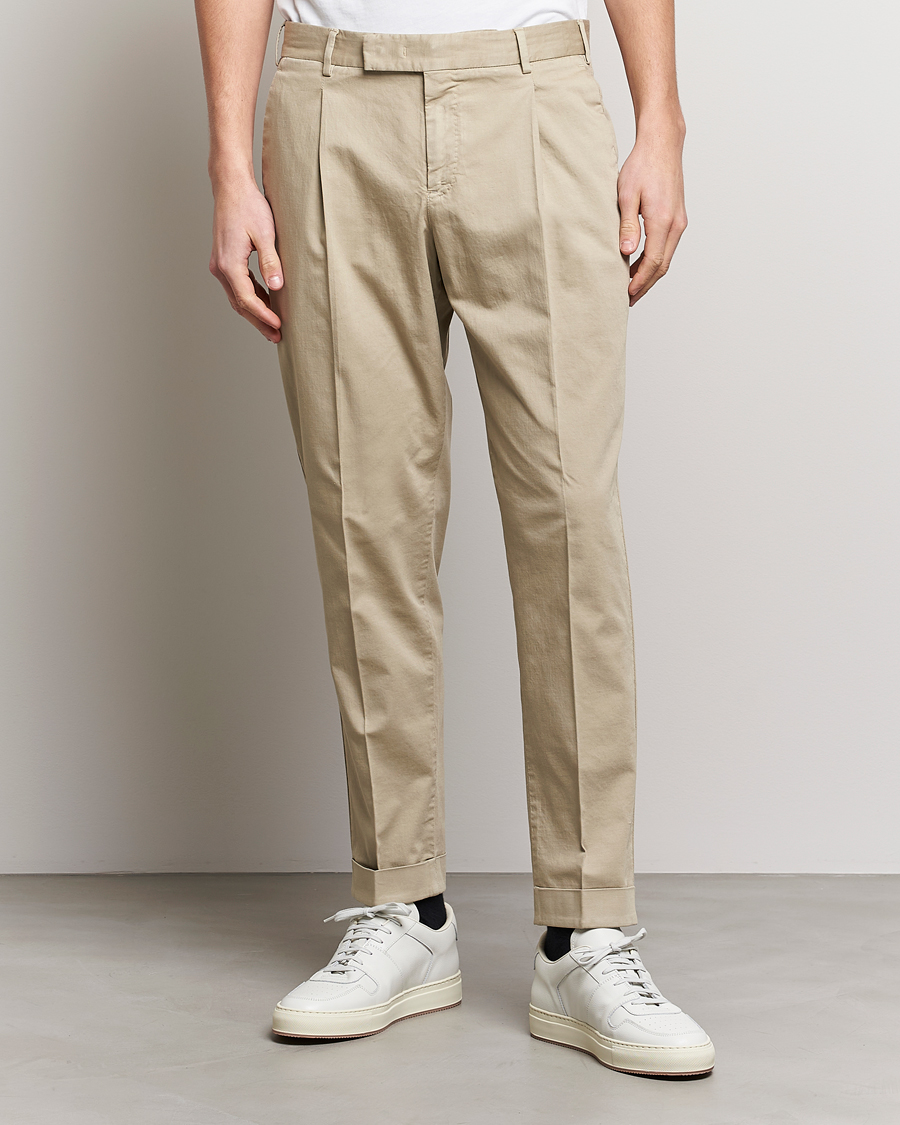 Men |  | PT01 | Slim Fit Pleated Linen Blend Trousers Beige