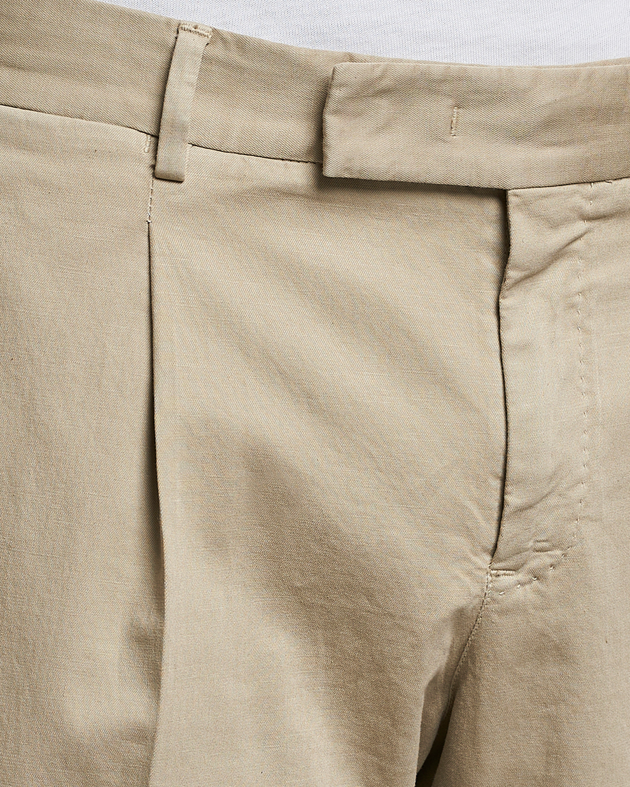Men | Trousers | PT01 | Slim Fit Pleated Linen Blend Trousers Beige