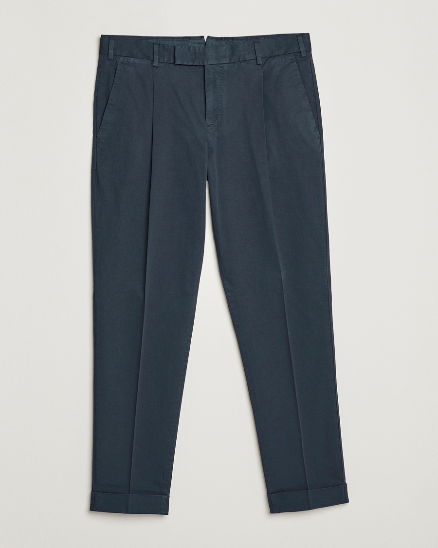 Men | Trousers | PT01 | Slim Fit Pleated Linen Blend Trousers Navy
