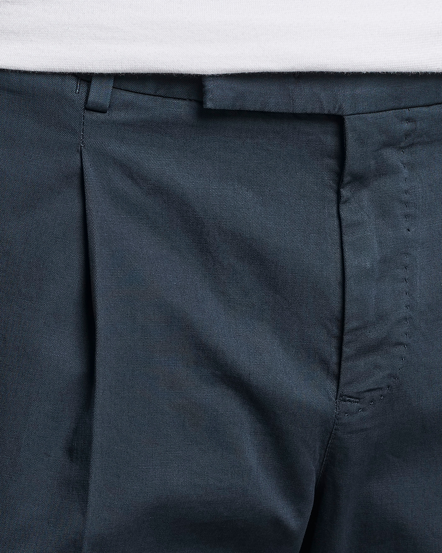 Men | Trousers | PT01 | Slim Fit Pleated Linen Blend Trousers Navy