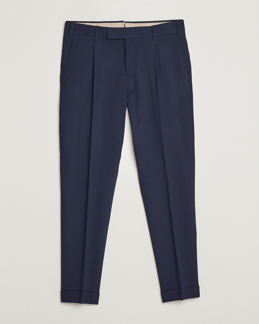 Men | Trousers | PT01 | Slim Fit Pleated Glencheck Wool Trousers Navy