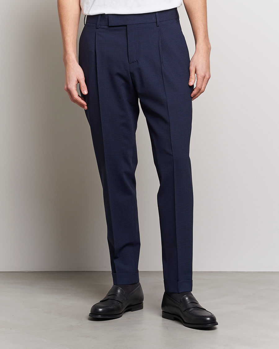 Men | Formal Trousers | PT01 | Slim Fit Pleated Glencheck Wool Trousers Navy
