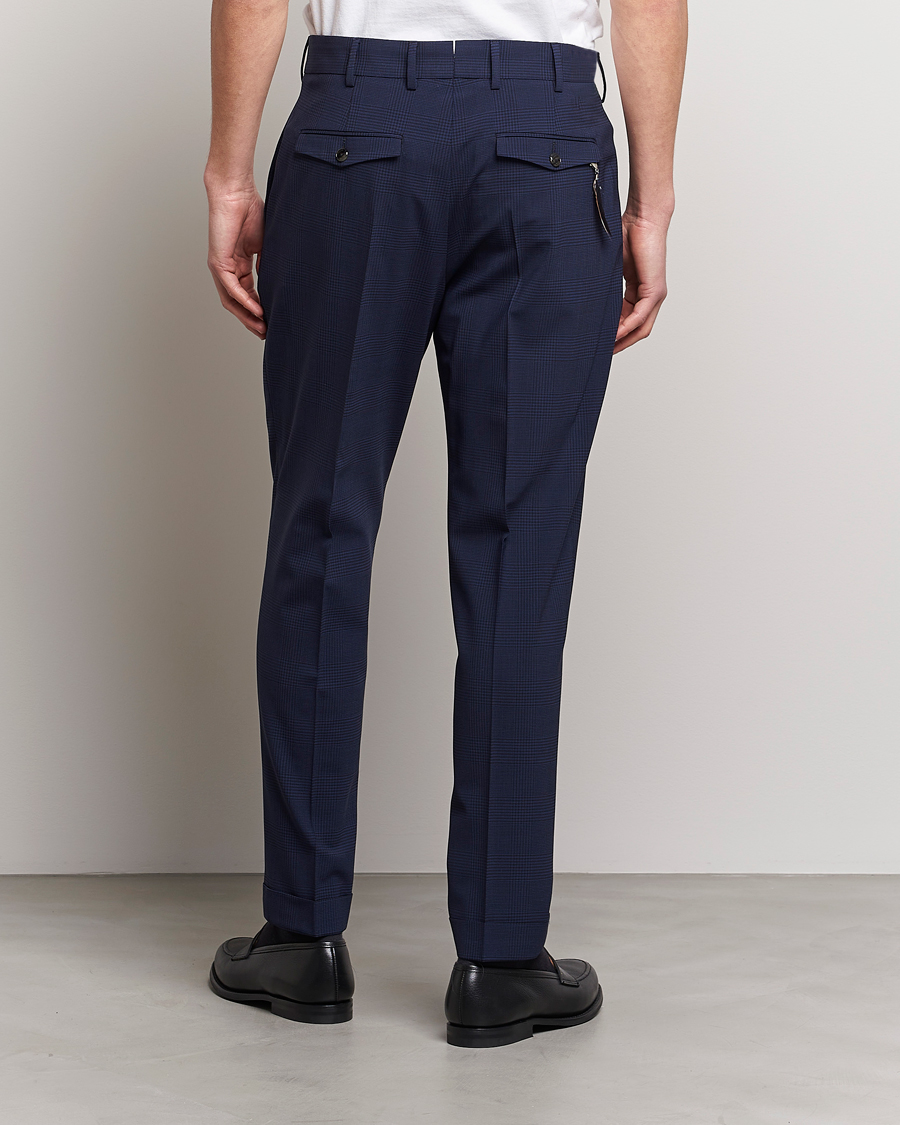 Men | Trousers | PT01 | Slim Fit Pleated Glencheck Wool Trousers Navy