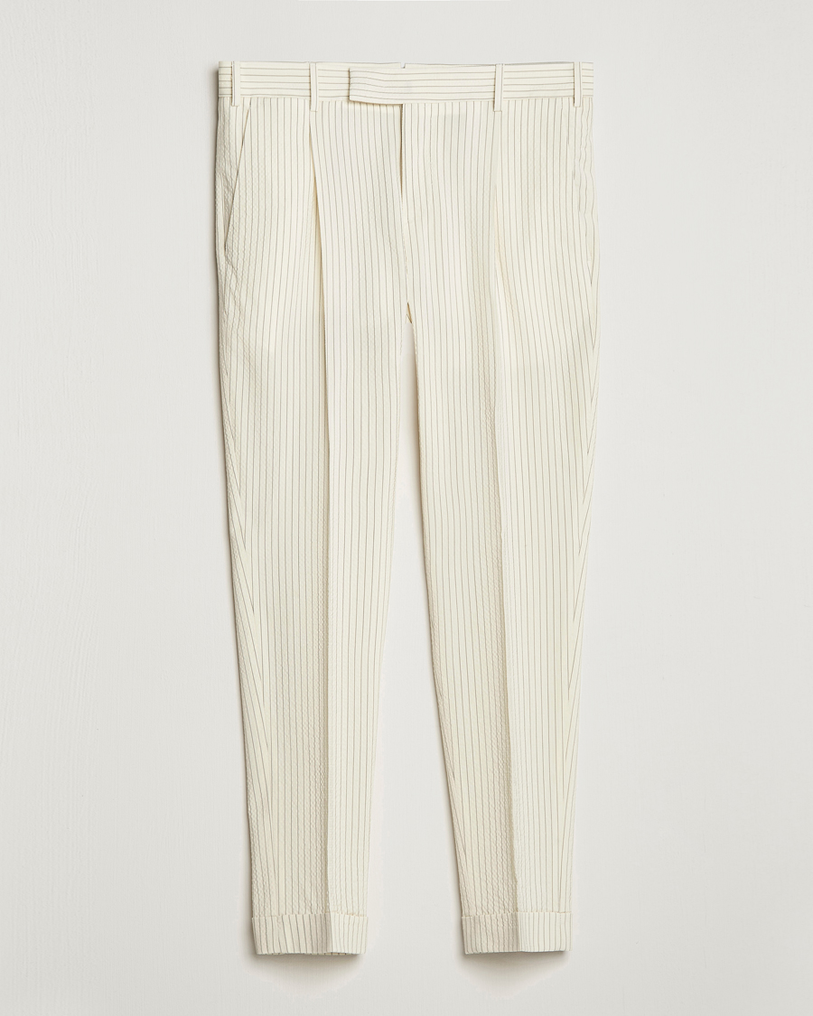 Men | Trousers | PT01 | Slim Fit Pleated Wool Seersucker Trousers Off White