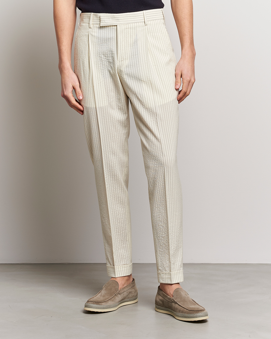 Men | Formal Trousers | PT01 | Slim Fit Pleated Wool Seersucker Trousers Off White