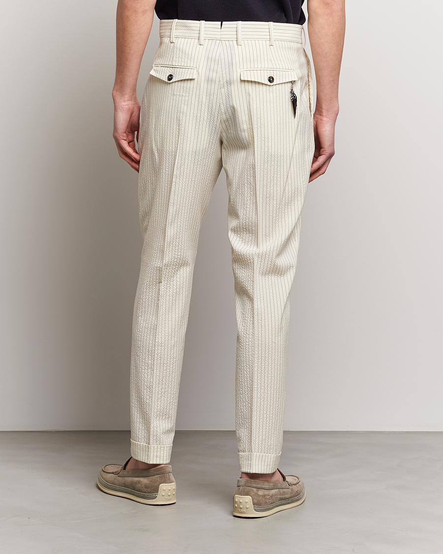 Men | Trousers | PT01 | Slim Fit Pleated Wool Seersucker Trousers Off White