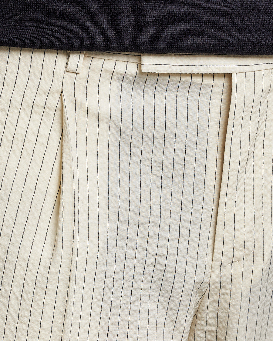 Men | Trousers | PT01 | Slim Fit Pleated Wool Seersucker Trousers Off White