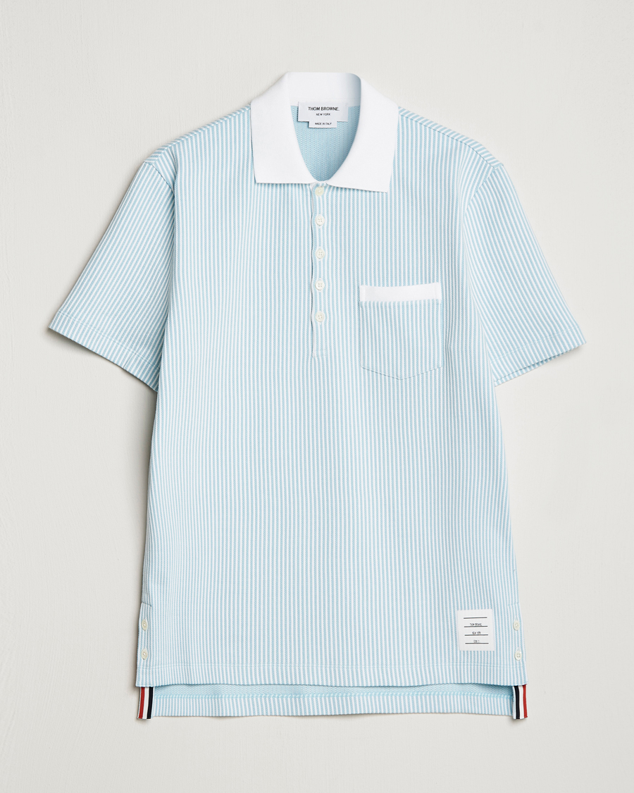 Men | Polo Shirts | Thom Browne | Short Sleeve Seersucker Polo Light Blue