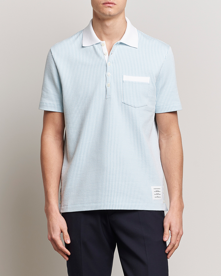 Thom Browne Short Sleeve Seersucker Polo Light Blue at CareOfCarl.com