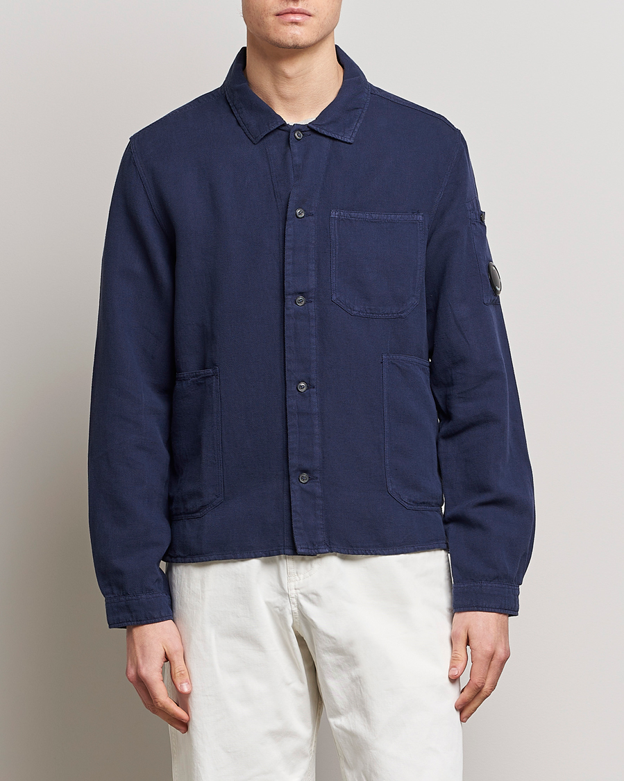 C.P. Company Broken Linen/Cotton Garment Dyed Overshirt Navy at