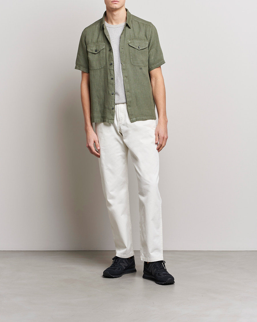 Men | Shirts | C.P. Company | Short Sleeve Pocket Linen Shirt Olive