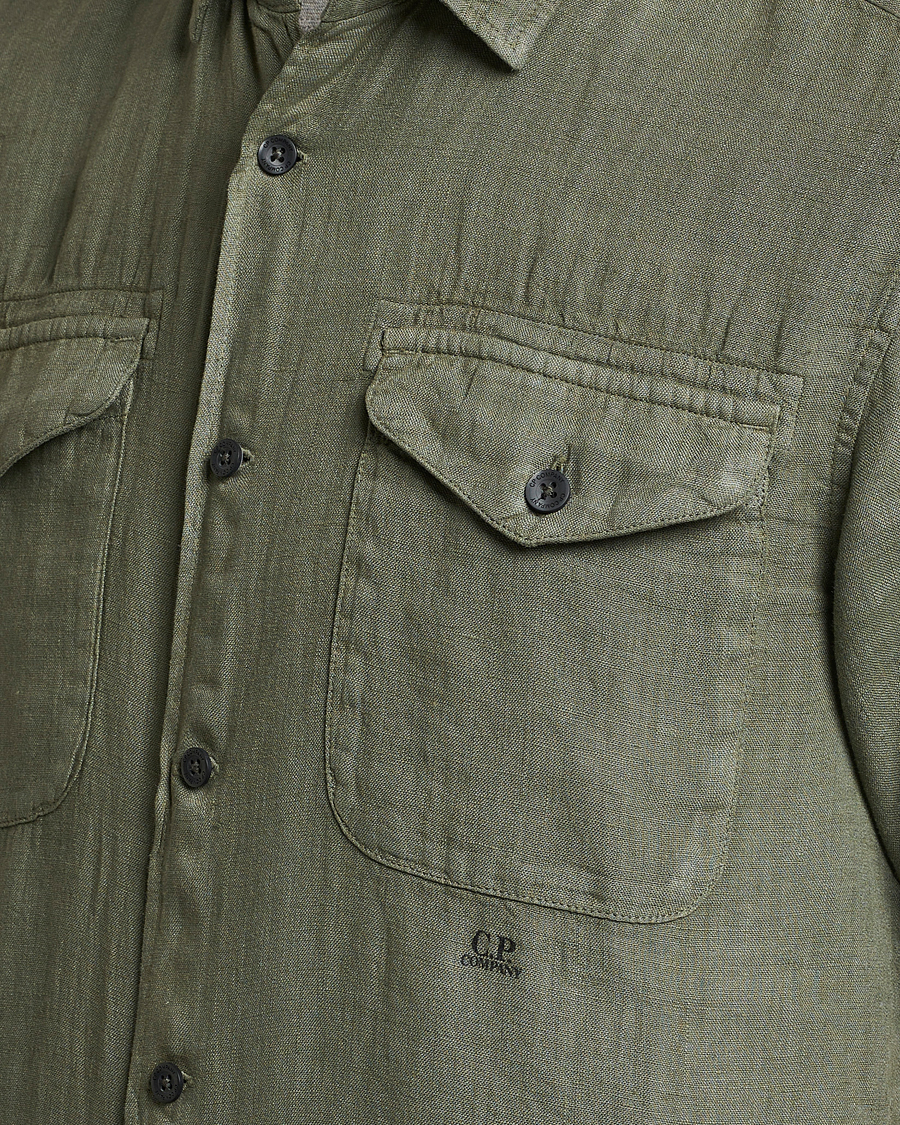 Men | Shirts | C.P. Company | Short Sleeve Pocket Linen Shirt Olive
