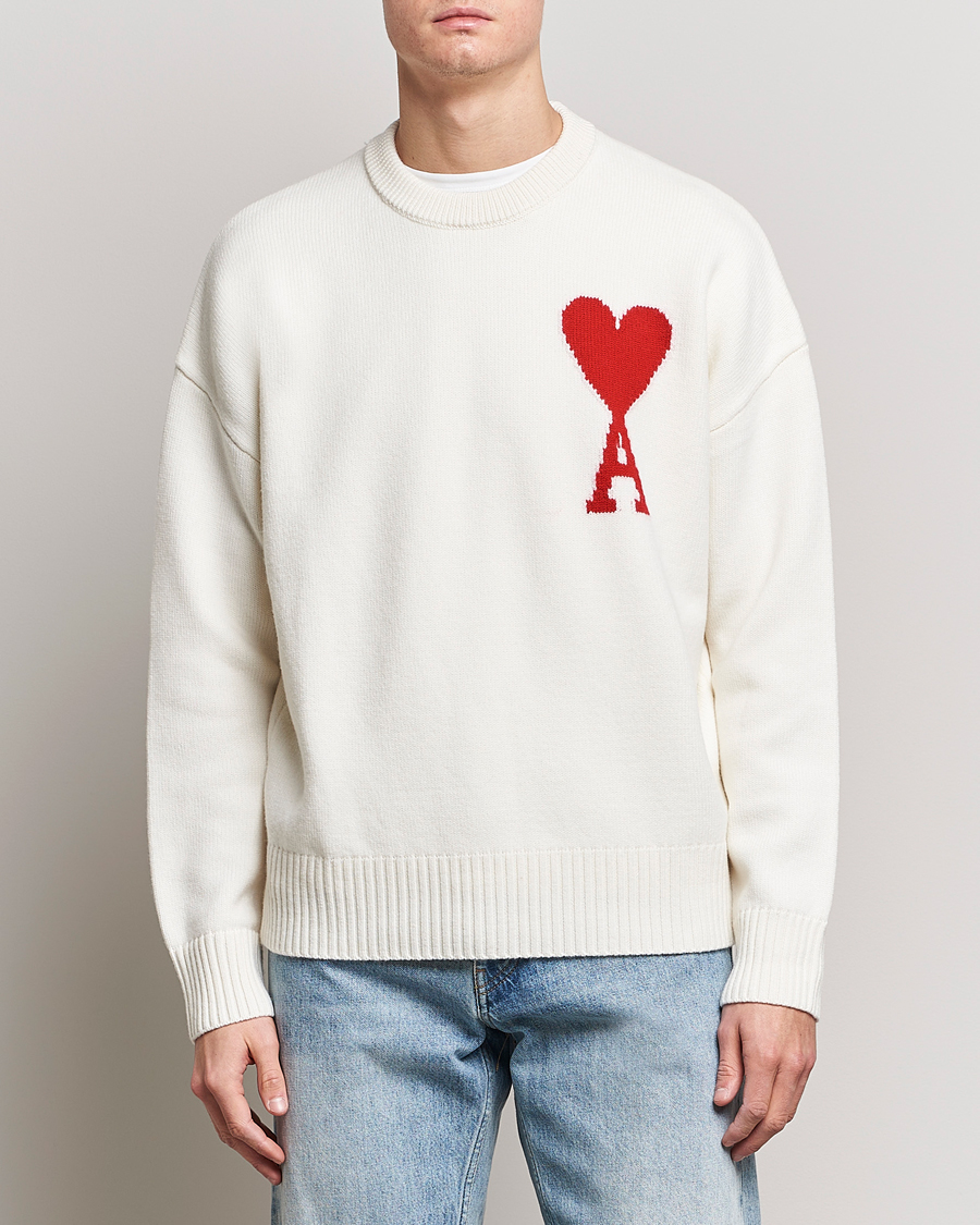Men | Knitted Jumpers | AMI | Big Heart Wool Sweater Off White