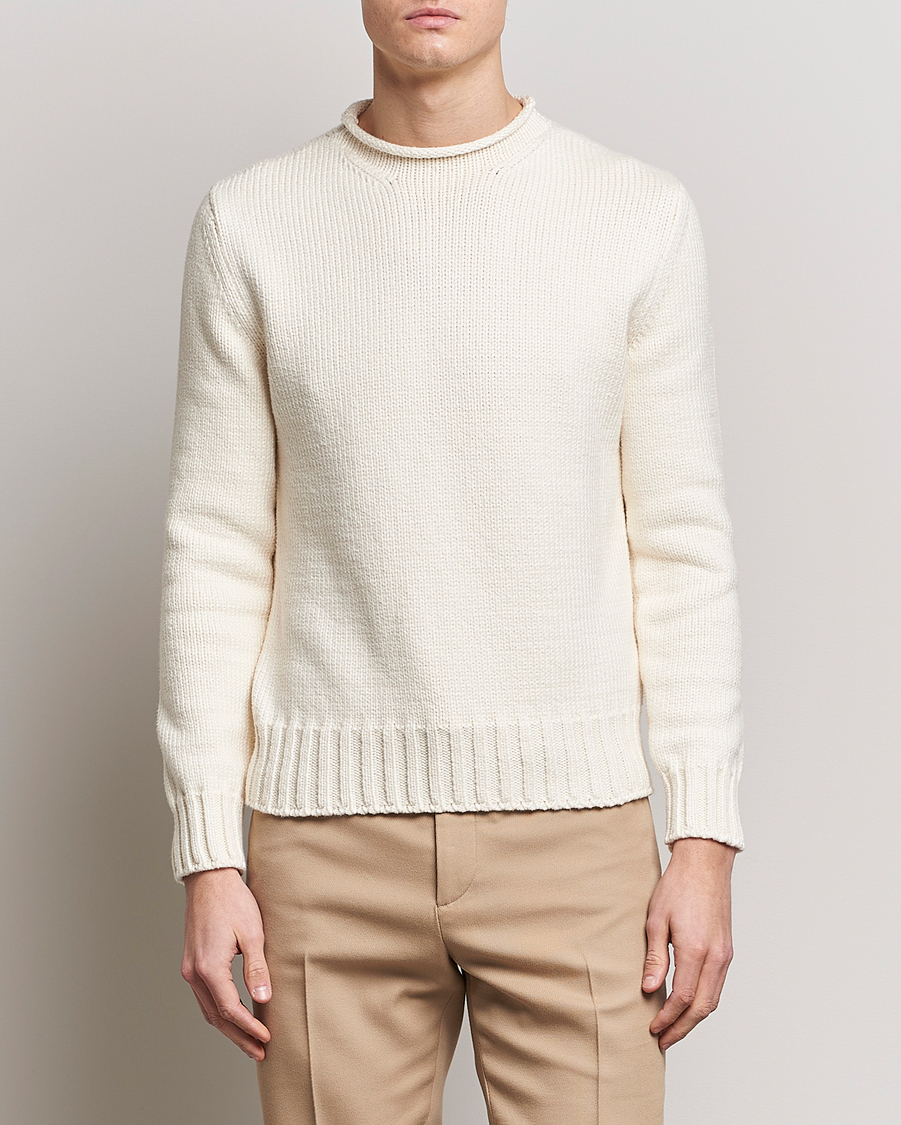Men | Knitted Jumpers | Ralph Lauren Purple Label | Caged Cotton Rib Sweater Natural