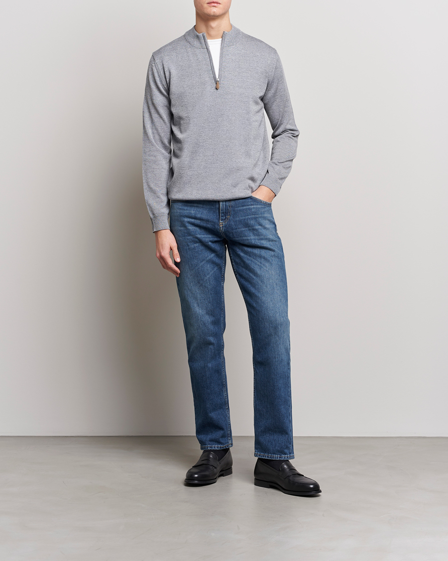 Men | Sweaters & Knitwear | Stenströms | Merino Wool Half Zip Grey Mouliné