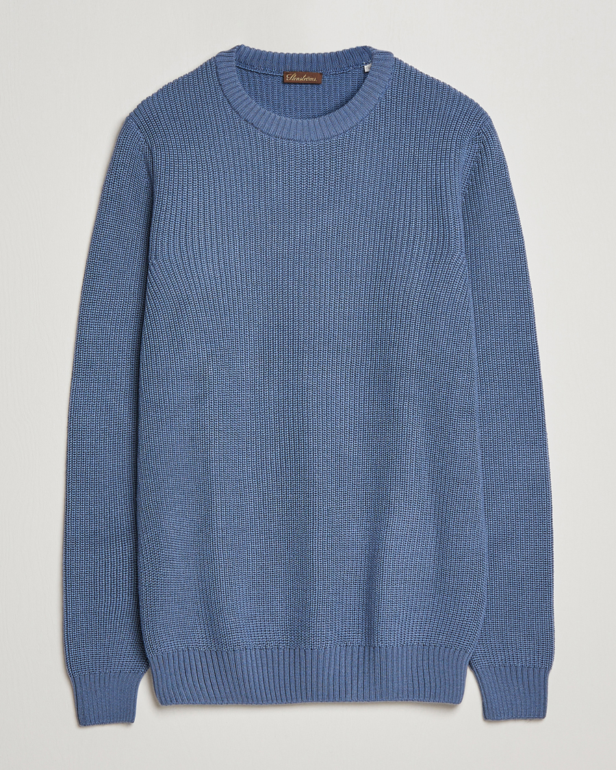 Men | Sweaters & Knitwear | Stenströms | Merino Heavy Knitted Crew Neck Petrol Blue