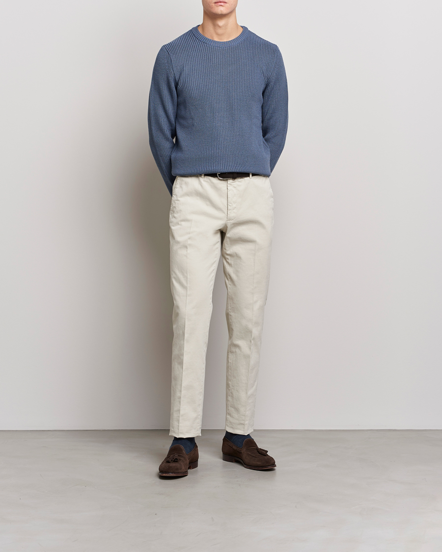 Men | Sweaters & Knitwear | Stenströms | Merino Heavy Knitted Crew Neck Petrol Blue