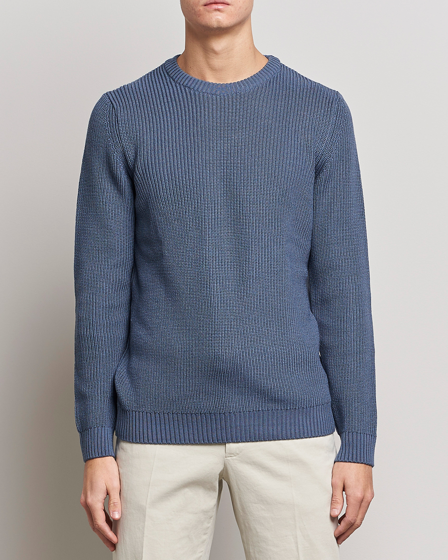 Men | Sweaters & Knitwear | Stenströms | Merino Heavy Knitted Crew Neck Petrol Blue