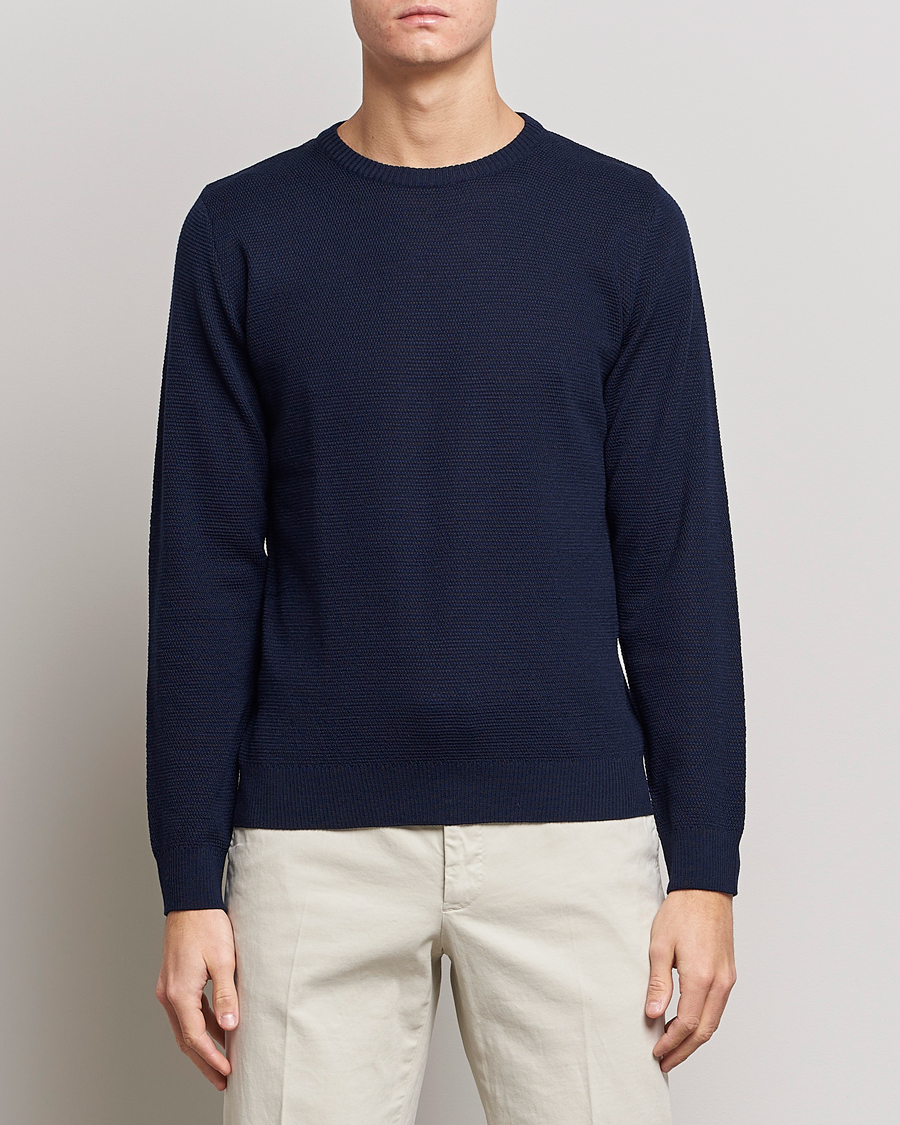 Men | Sweaters & Knitwear | Stenströms | Textured Merino Crew Neck Navy