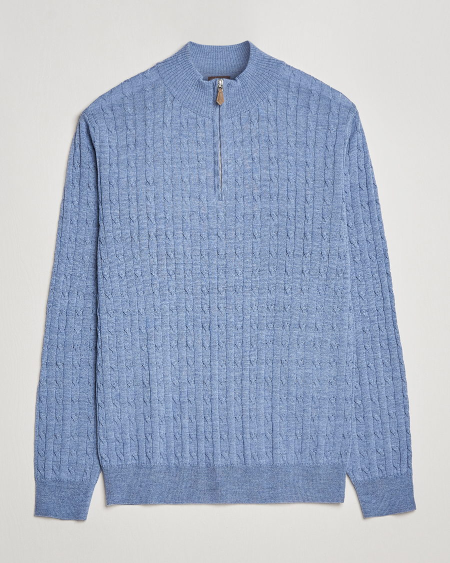 Men | Sweaters & Knitwear | Stenströms | Merino Cable Half Zip Light Blue