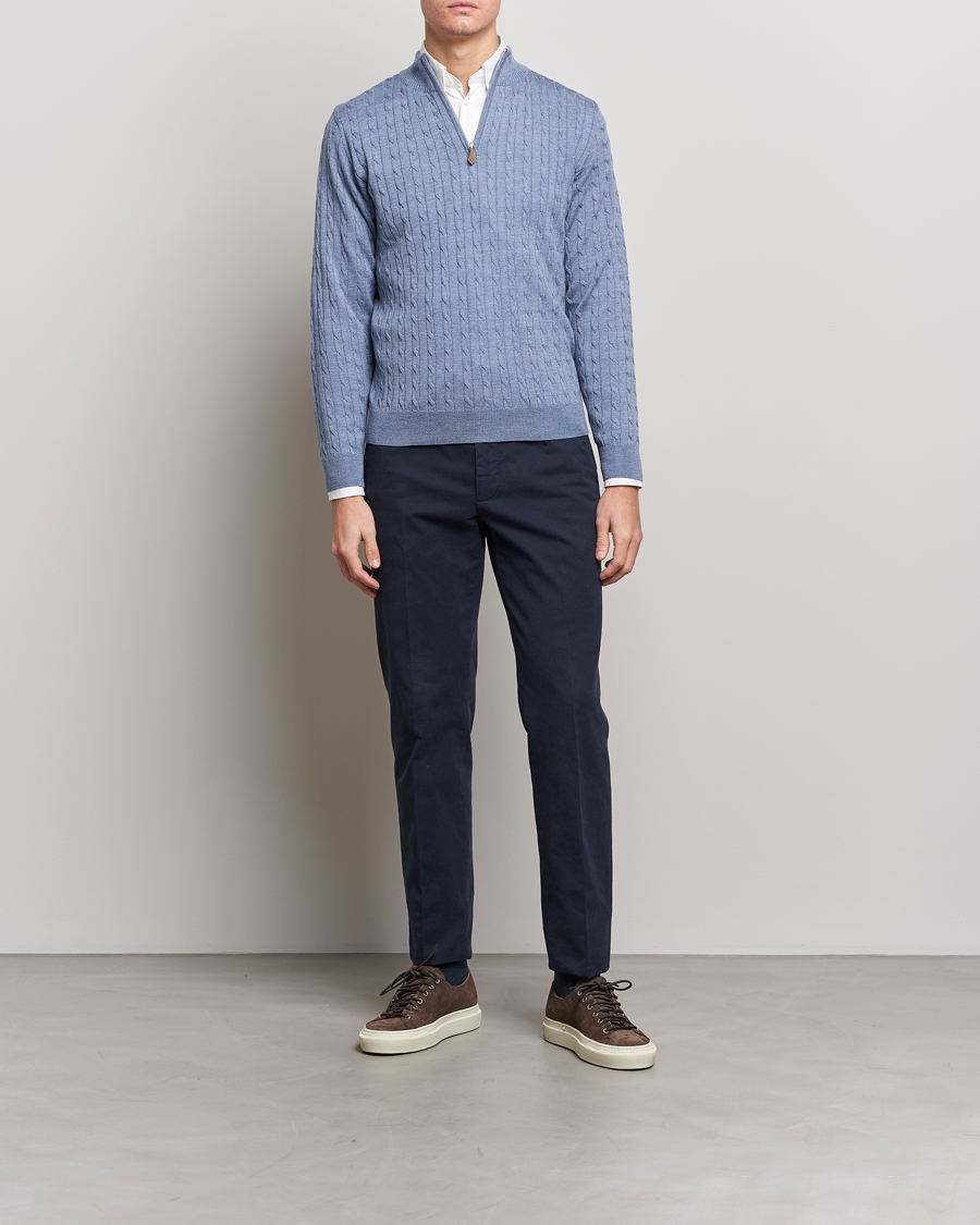 Men | Sweaters & Knitwear | Stenströms | Merino Cable Half Zip Light Blue