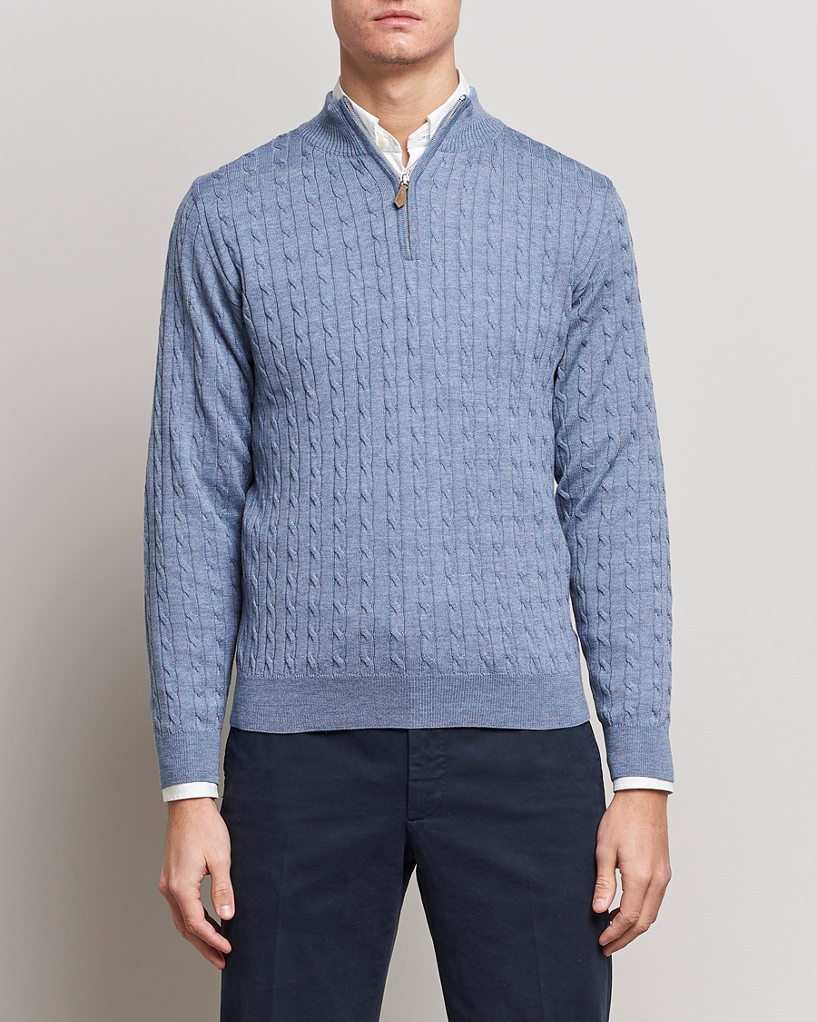 Men | Sweaters & Knitwear | Stenströms | Merino Cable Half Zip Light Blue