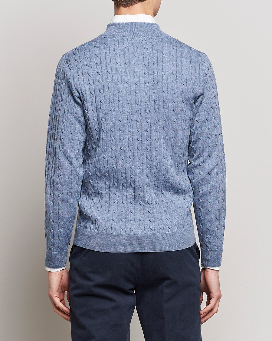 Men | Sweaters & Knitwear | Stenströms | Merino Cable Half Zip Light Blue
