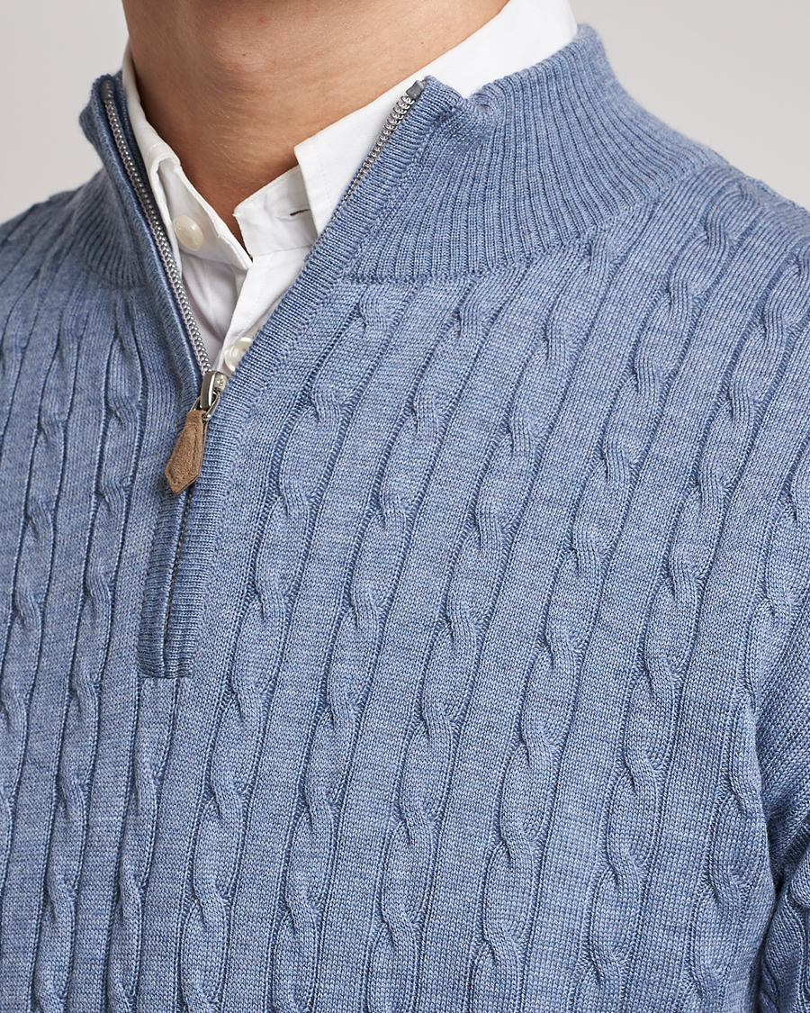 Men | Sweaters & Knitwear | Stenströms | Merino Cable Half Zip Light Blue