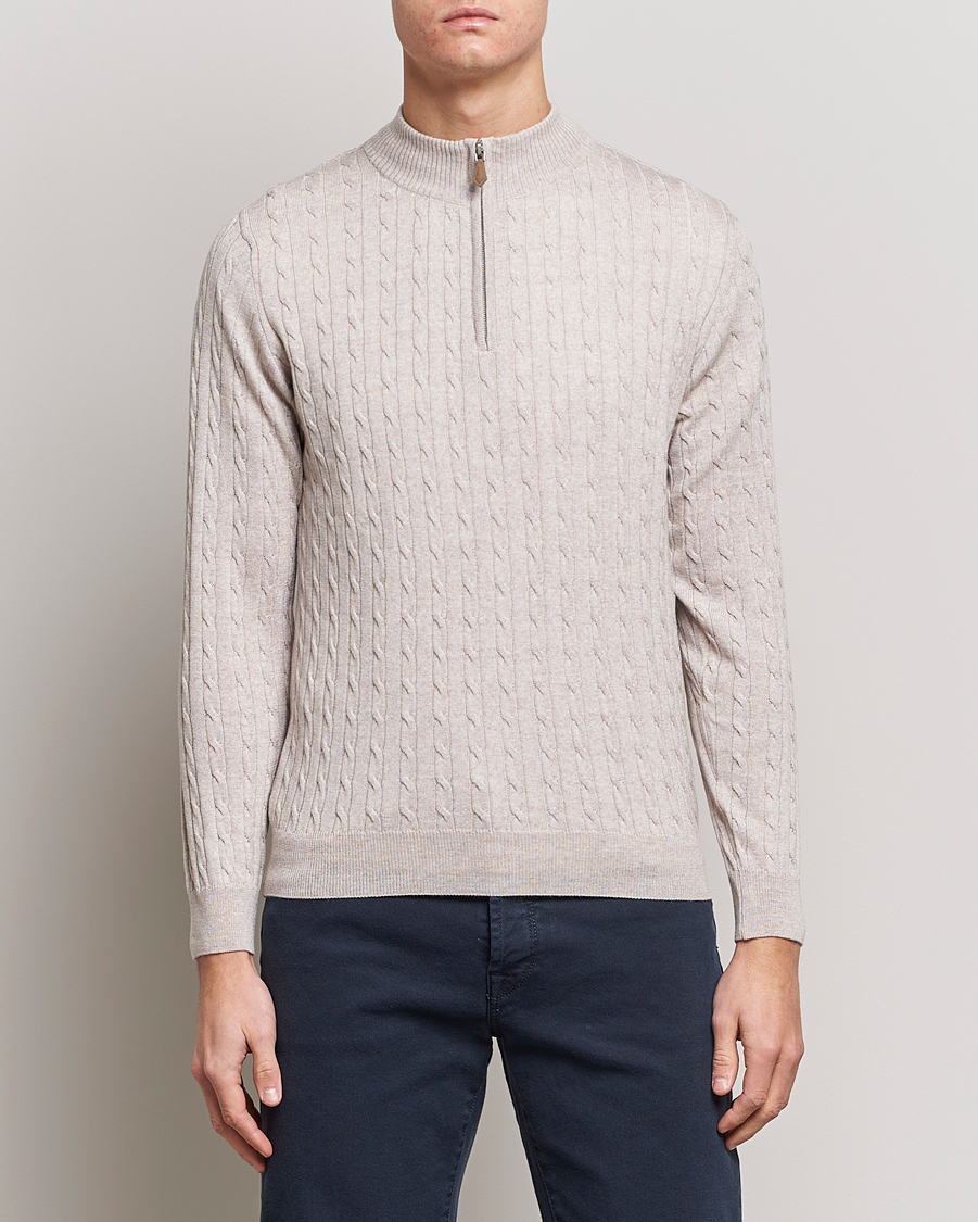 Men | Sweaters & Knitwear | Stenströms | Merino Cable Half Zip Beige