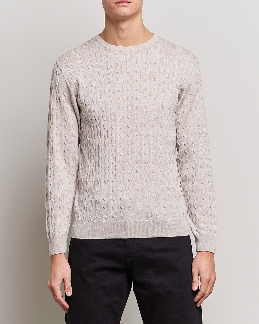 Men | Sweaters & Knitwear | Stenströms | Merino Cable Crew Neck Beige