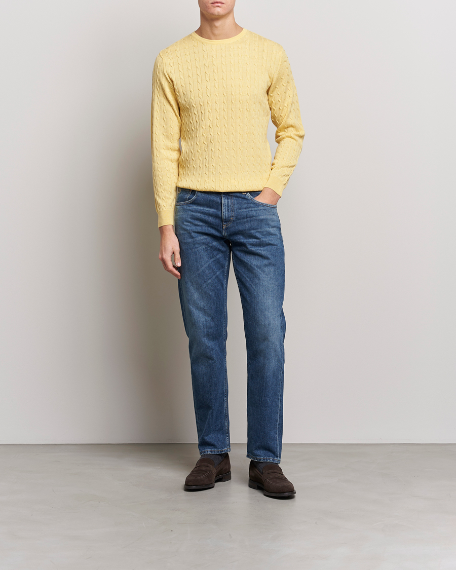 Men | Sweaters & Knitwear | Stenströms | Merino Cable Crew Neck Yellow