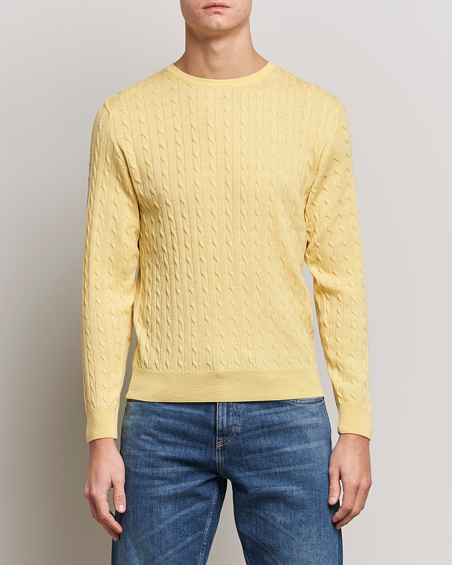 Men | Sweaters & Knitwear | Stenströms | Merino Cable Crew Neck Yellow