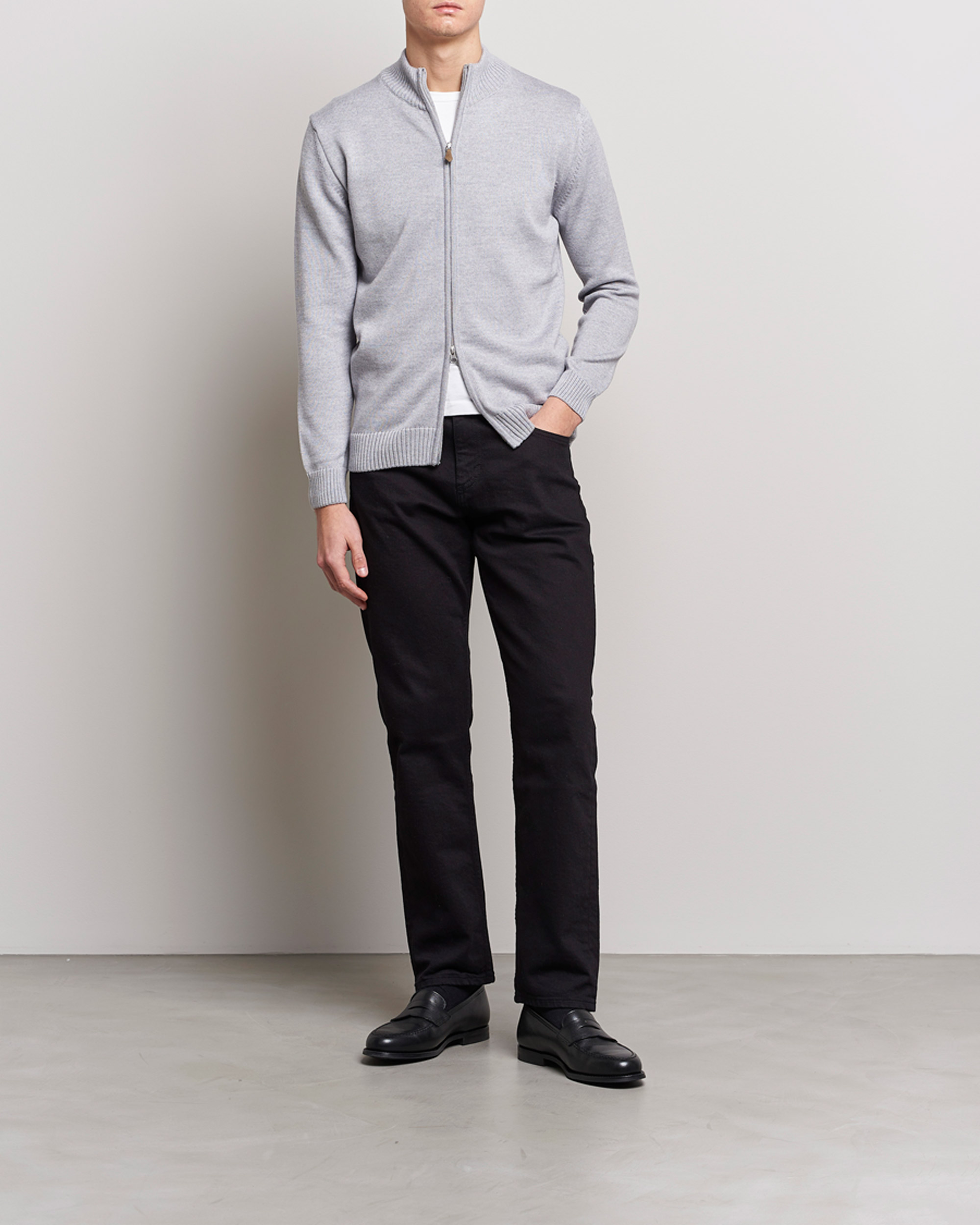 Men | Sweaters & Knitwear | Stenströms | Chunky Merino Full Zip Light Grey