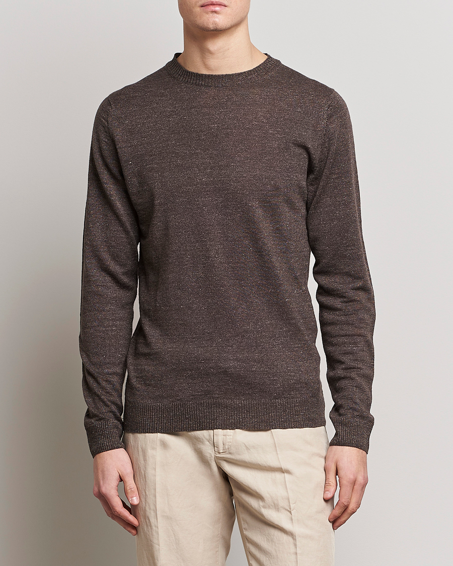 Men | Sweaters & Knitwear | Stenströms | Merino/Linen Crew Neck Brown